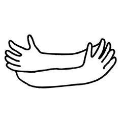 Hugging hands, hand drawn doodle arm hug, support and love gesture sketch. Minimalist line art embracing silhouette, care friendship symbol, human touch outline ink. Hugging hands concept