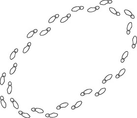 Shoe print outline oval, thin line footprint track path set on white background. Minimalist walking person steps, shoe print outline, human boot mark shape. Footwear line art