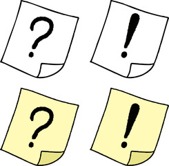 Sticky note set, paper memo with question mark and exclamation point doodle. Office stationary reminder collection, yellow white list post note icon, business message task notice. Sticky note