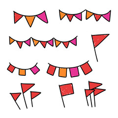 Bunting flags set, party garland doodle border, carnival pennant hanging rope decoration. Hand drawn celebratory ribbon, festival outdoor event flags, birthday fair ornament. Bunting flags