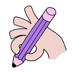 Artist hand drawing, purple pencil sketch creative tool. Human palm holding pencil, education stationery icon, designer work sign colorful symbol. Drawing hand doodle
