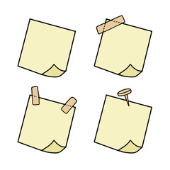 Sticky note set, yellow memo paper sticker doodle collection. Blank message reminder with adhesive tape and pushpin, office post note board, notice paper element isolated. Sticky note page