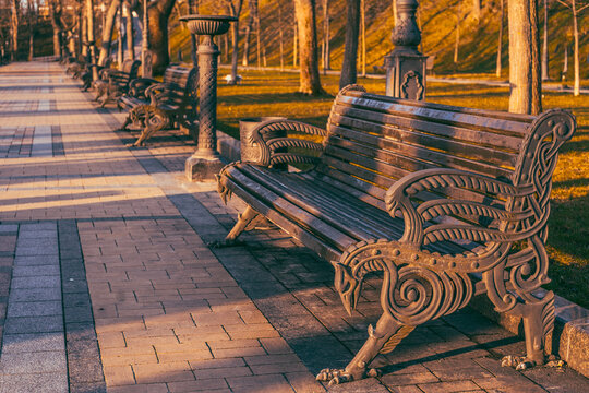 Beautiful park at sunrise time on Volodymyrska girka park in Kyiv, Ukraine