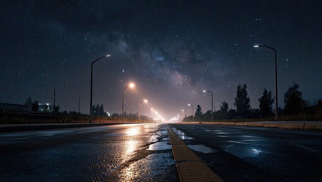 Rainy Night Highway with Streetlights and Reflections.