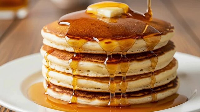 Stack of fluffy pancakes with butter and syrup, breakfast food, syrup dripping, pancake stack, morning meal