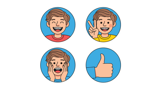 Teenager boy with dental braces showing different facial expressions and hand gestures like peace sign and thumbs up in circular icons.