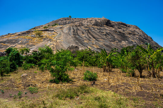 Rocky inselberg rising above farmland near Soroti