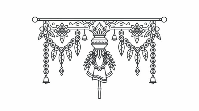 Traditional Indian Toran with Kalash and Mango Leaves Line Art.