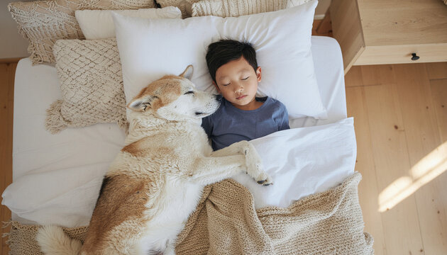 Child sleeping peacefully with a dog in a cozy bed