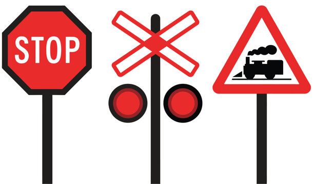Road signs on blue poles isolated vector illustration, street direction and road navigation signage system, traffic guidance boards and urban infrastructure information symbols