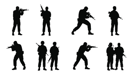 Obraz premium A collection of silhouetted soldiers depicted in various combat poses armed with rifles and tactical gear high quality professional detailed modern