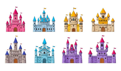 Obraz premium Medieval Fairytale Castle Vector Set with Colorful Palaces Towers Walls and Gates