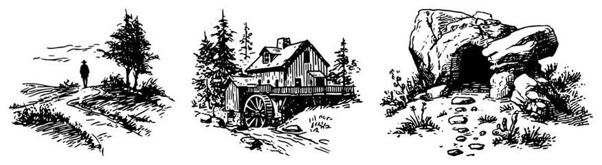 Countryside landscapes with watermill walking path and cave entrance in vintage sketch style © Tomas