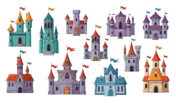 Playful Cartoon Castle Collection with Gothic Towers Fortified Palaces and Fantasy Buildings