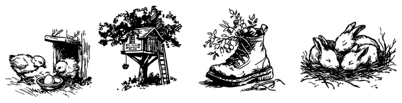 Countryside elements featuring chicks treehouse flowers in boot and rabbits in sketch style