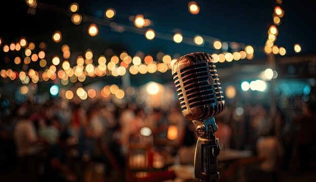 Vintage Microphone on Stage with Bokeh Lights.