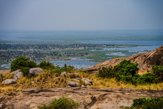 Wetland landscape viewed from rocky hillside near Lake Kyoga in Uganda