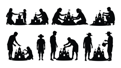 A collection of black silhouettes depicts families and individuals building elaborate sandcastles on a beach high quality professional detailed modern elegant © SILHUETTECHEMBER