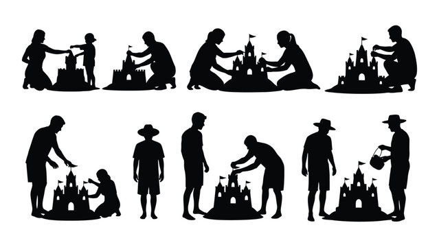 A collection of black silhouettes depicts families and individuals building elaborate sandcastles on a beach high quality professional detailed modern elegant