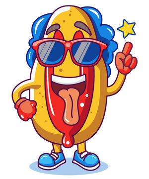 Cute hot dog cartoon character wearing sunglasses with funny expression, isolated on white background. Ideal for mascot design, food branding, and playful illustration projects.