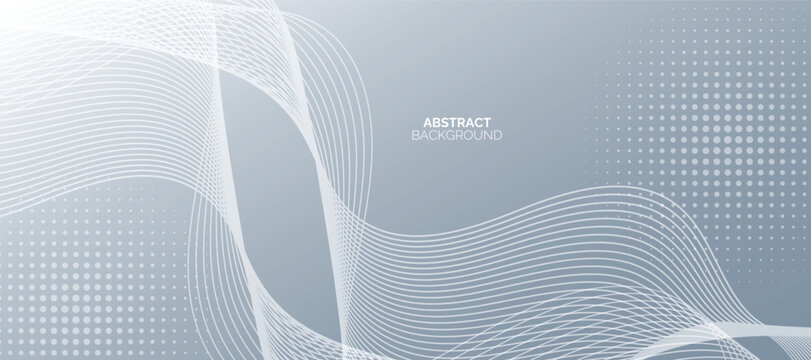 Grey white abstract background with flowing particles. Digital future technology concept. shining wave lines pattern for banner, wallpaper, cover.
