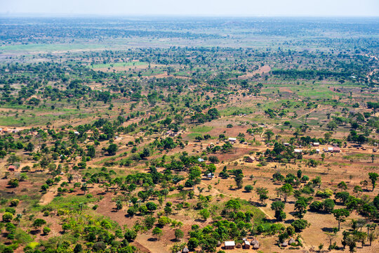 Aerial view of rural farmland and scattered homes near Mbale