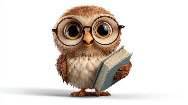Cute owl character with glasses reading a book in cartoon style