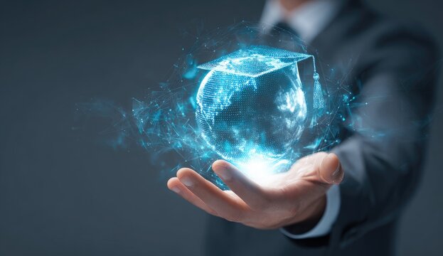 Businessman Holding a Glowing Futuristic Cube with Digital Energy.