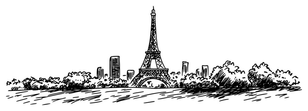 Paris France skyline with Eiffel Tower Hand drawn cityscape sketch vector illustration