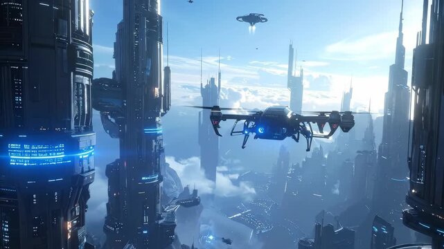 Futuristic Cityscape with Flying Drones and Skyscrapers.