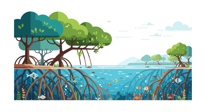 Colorful vector illustration of mangrove ecosystem with diverse marine life
