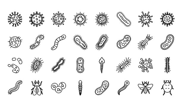 Microorganisms, viruses, bacteria, fungi and insects line icon set in scientific grid layout isolated on white background