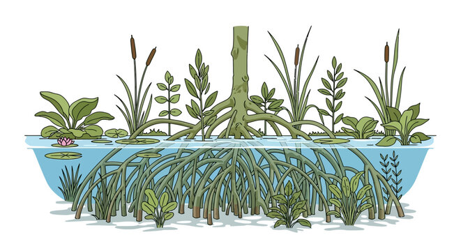 Illustration of Aquatic Plants with Roots in a Water Ecosystem