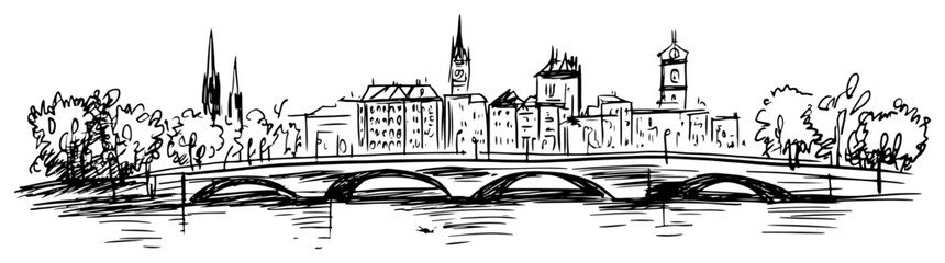 Naklejka premium Prague Czech Republic cityscape with bridge over Vltava river Hand drawn historic skyline sketch vector illustration