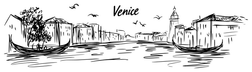Venice cityscape with gondolas on the canal in Italy. Hand drawn vector sketch of famous European landmark. © Tomas