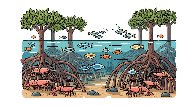Colorful underwater mangrove ecosystem with fish and crustaceans