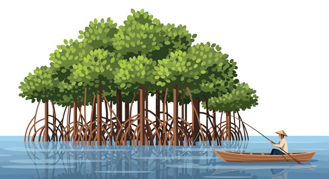 Man fishing in a boat near mangrove trees on calm water