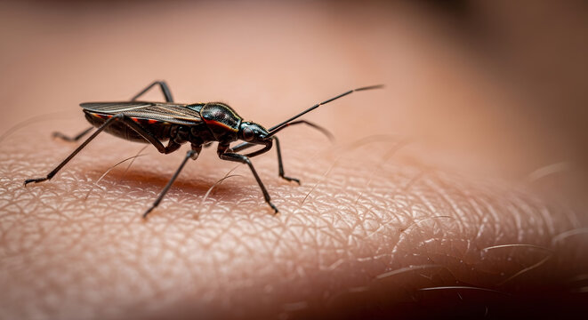 A detailed macro close-up of a dark-bodied kissing bug with long antennae resting on textured human skin. 