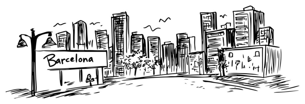 Barcelona Spain street view with city sign Hand drawn urban cityscape sketch vector illustration