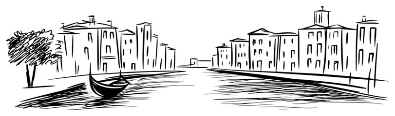 Venice Italy canal with gondola sketch. Hand drawn vector illustration of a romantic cityscape © Tomas