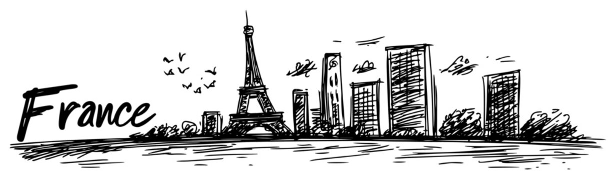 Paris cityscape with Eiffel Tower famous landmark in France. Hand drawn vector sketch illustration.