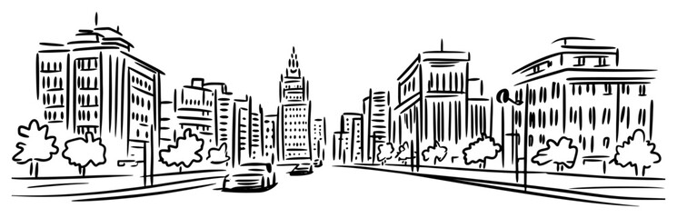 Modern city street with skyscrapers and traffic. Hand drawn urban cityscape vector sketch © Tomas