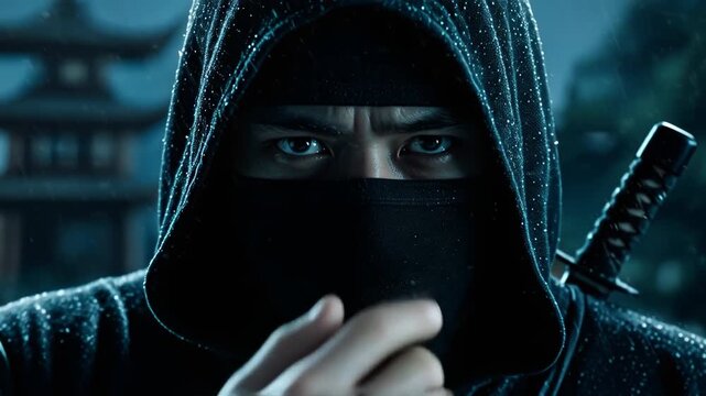 Ninja in black hood and mask adjusting face cover under rain with sword behind shoulder