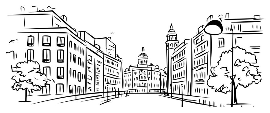 European city street view with historic architecture buildings. Urban landscape hand drawn vector sketch.