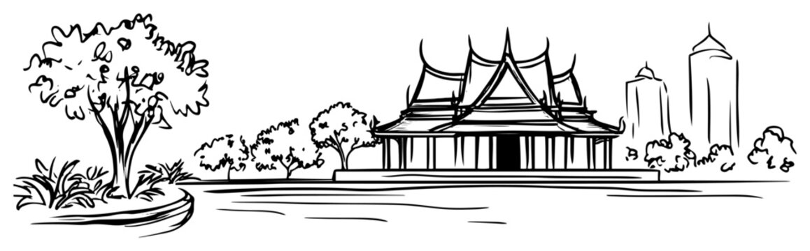 Bangkok Thailand travel sketch. Hand drawn vector illustration of a traditional Thai pavilion in a city park