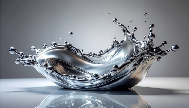 Dynamic chrome liquid splash with highly reflective metallic texture