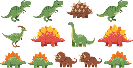Cute Cartoon Dinosaur Characters Vector Illustration Set with T Rex, Triceratops, Stegosaurus, and Brachiosaurus, Colorful Prehistoric Animal Collection for Kids © MdSumon