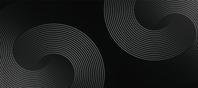 Abstract grey glowing geometric lines on dark black background. Modern grey circle lines pattern. Futuristic technology concept. Suit for cover, poster, banner, brochure, header, website