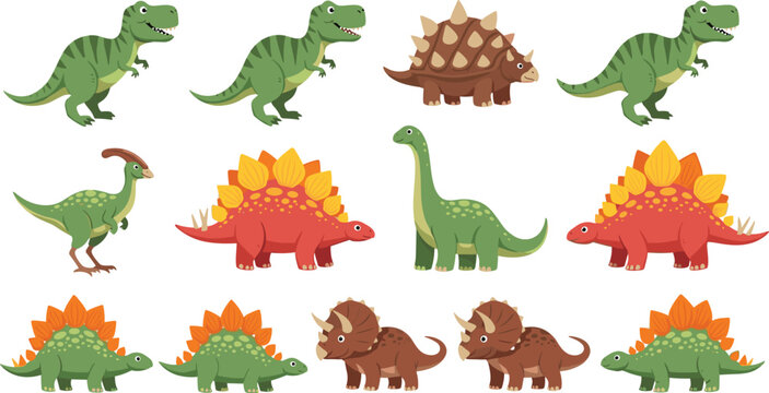 Cute Cartoon Dinosaur Characters Vector Illustration Set with T Rex, Triceratops, Stegosaurus, and Brachiosaurus, Colorful Prehistoric Animal Collection for Kids