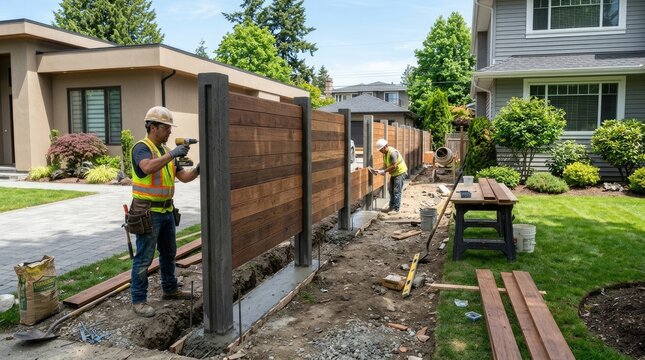 A construction worker is installing a wooden fence along a property line. Two other workers are assisting with the project.